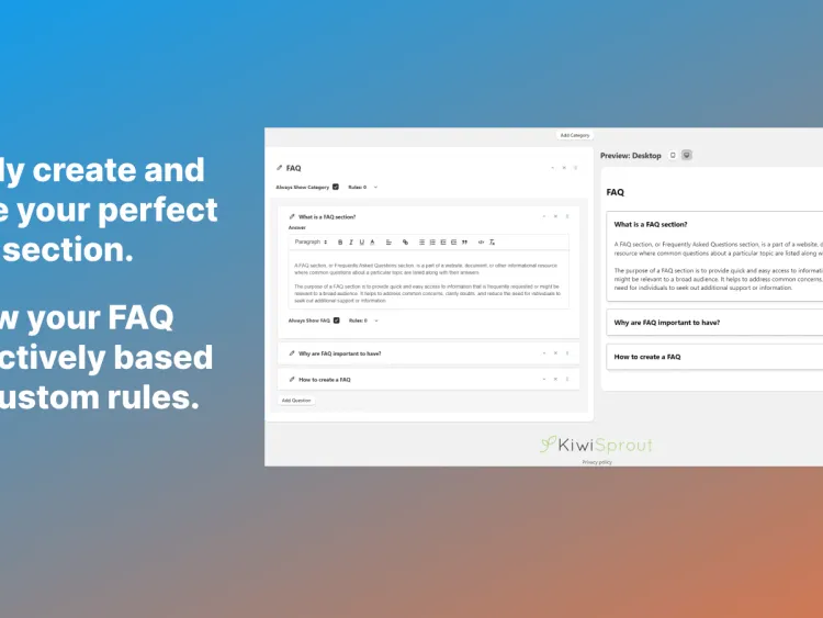 New Shopify app: KiwiSprout FAQ Builder