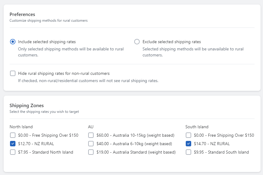 Configuring the NZ Rural Shipping App rates and ticking rural rates