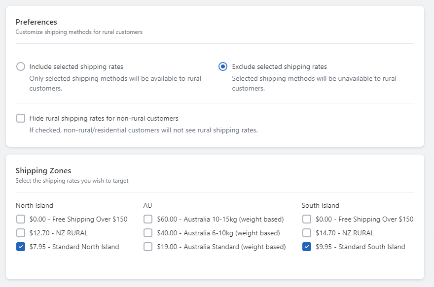 Configuring the NZ Rural Shipping App rates and ticking urban rates